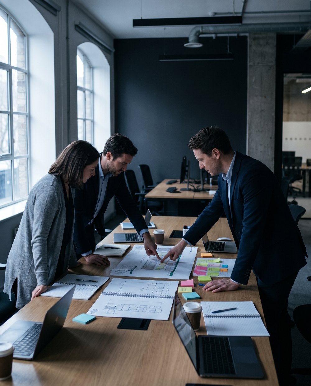 Two advisors and a client leaning over a table of printed charts and a delivery plan in a dark London office