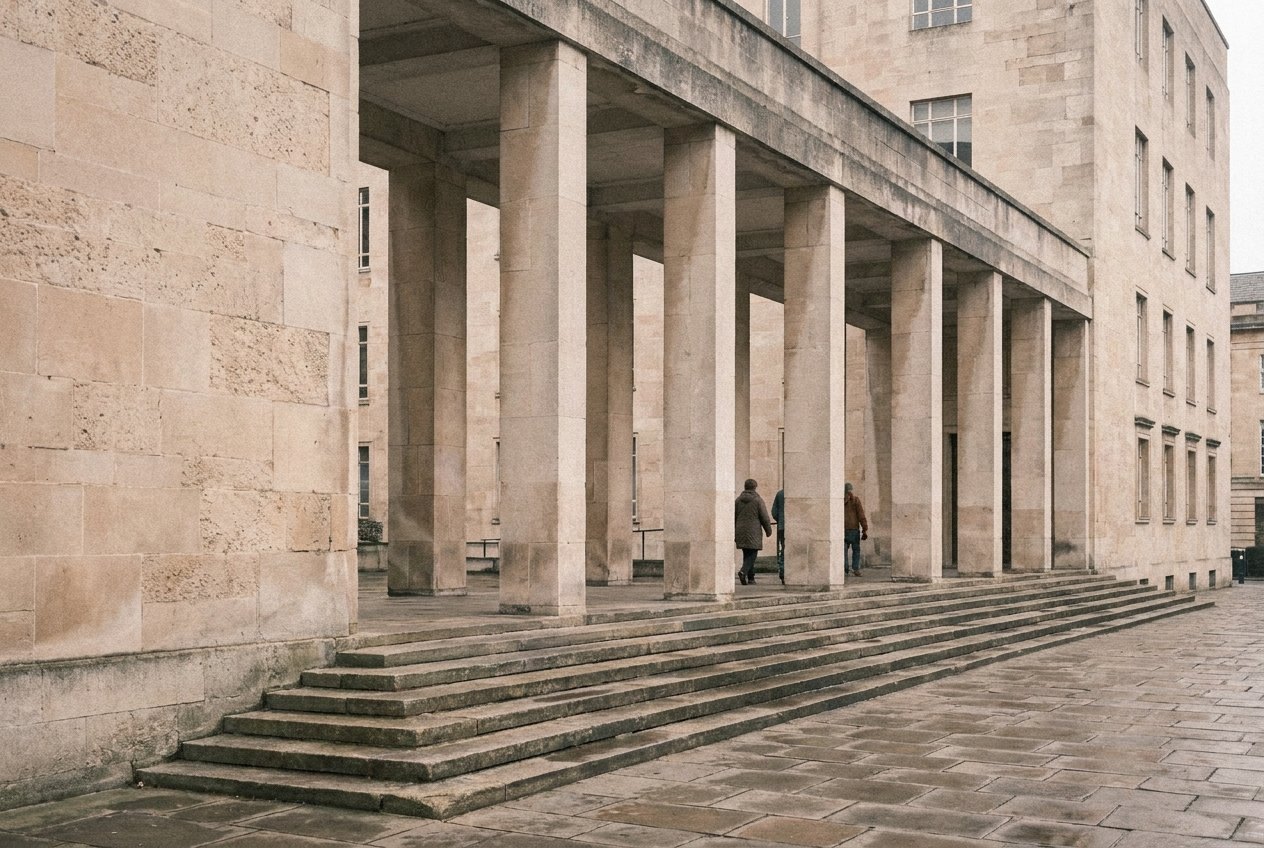 The stone entrance colonnade of a mid-century British civic building, a few figures on the steps
