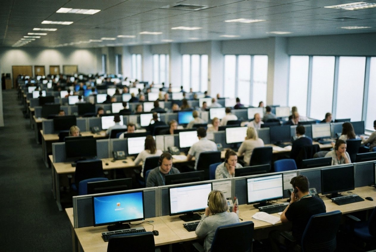 A large contact centre floor seen from above, orderly rows of desks receding into depth