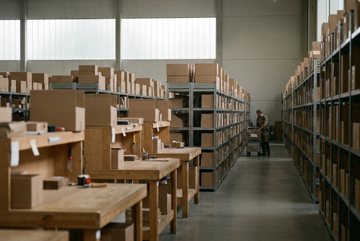 Long rows of shelving and packing benches in a fulfilment centre, a single worker far down the aisle