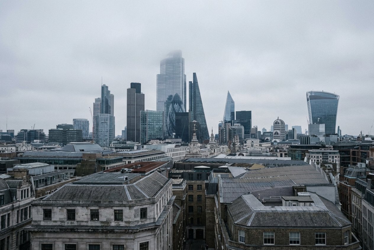 The City of London financial district seen across rooftops on an overcast morning