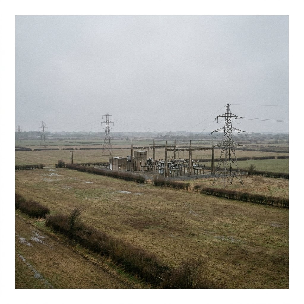 An electricity substation and transmission pylons in flat open countryside under an overcast sky