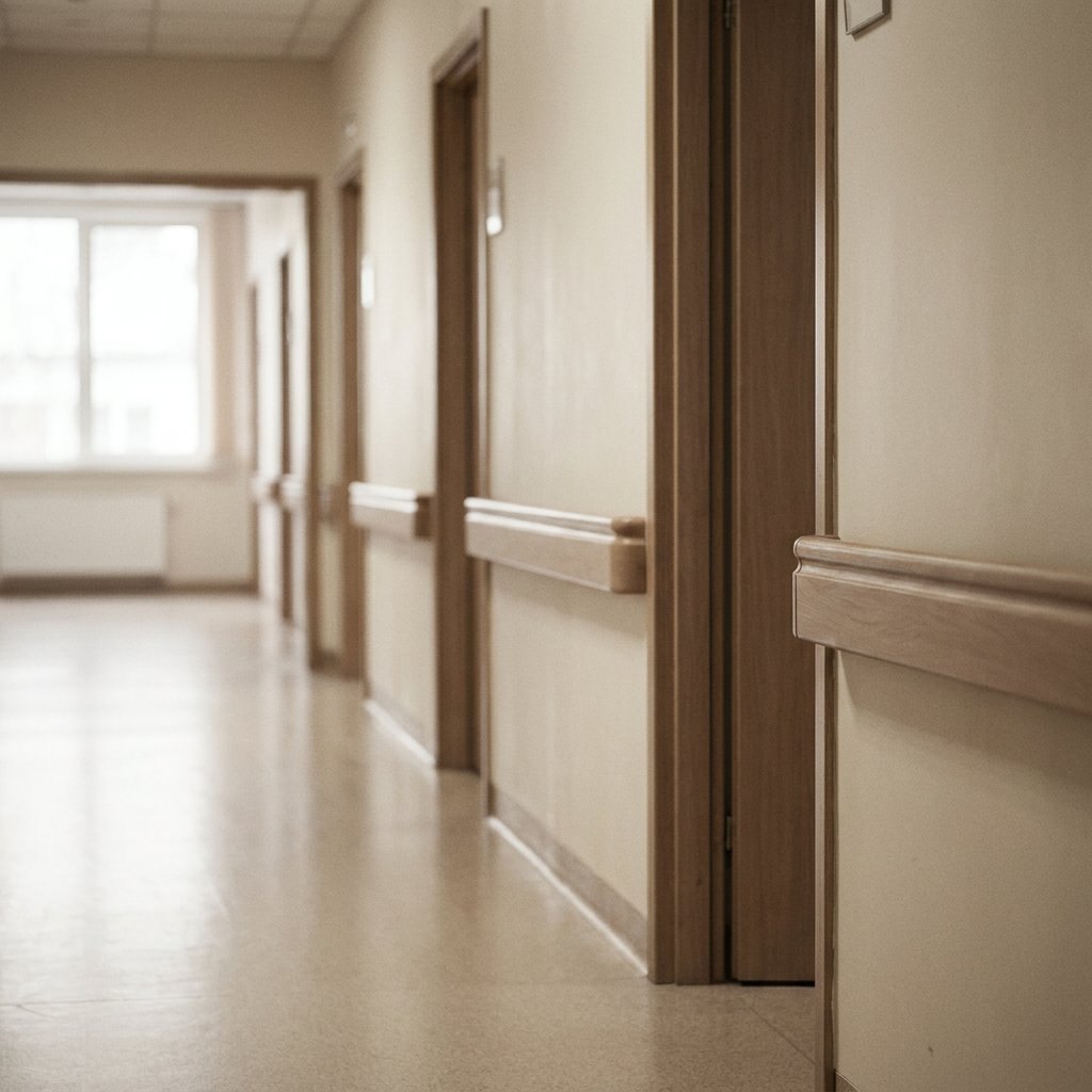 A calm empty hospital corridor with repeating doorways receding into soft depth