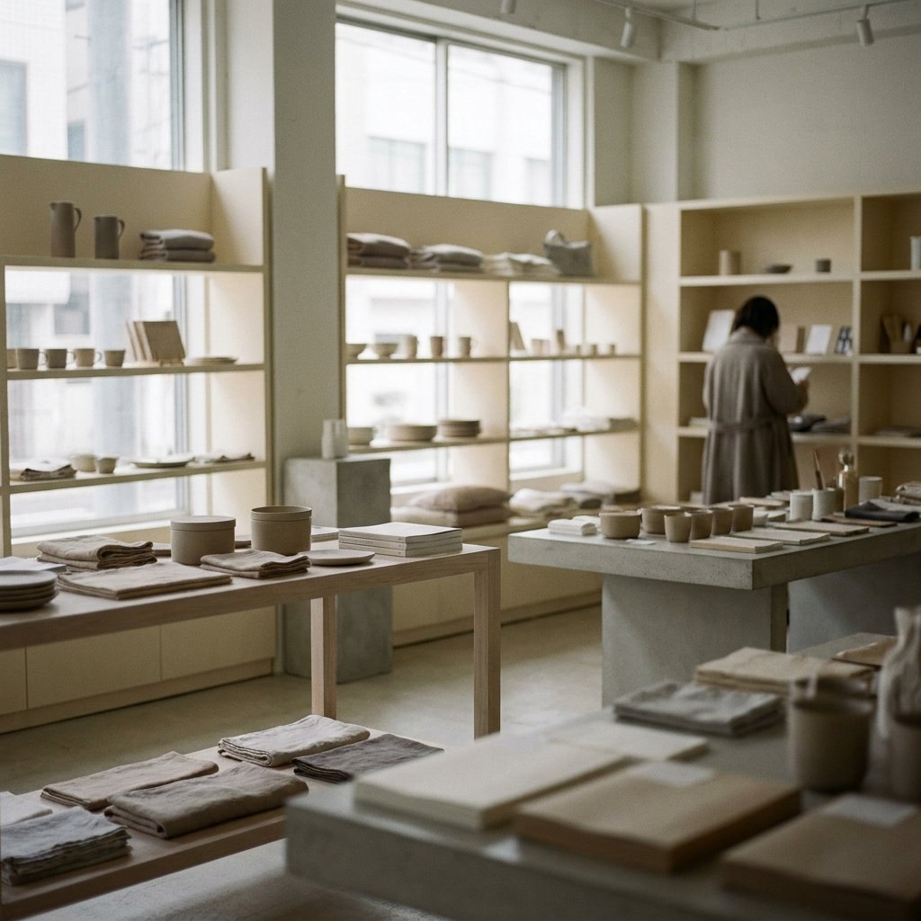 A pale modern retail interior seen from a distance, orderly shelving and one shopper far in the background