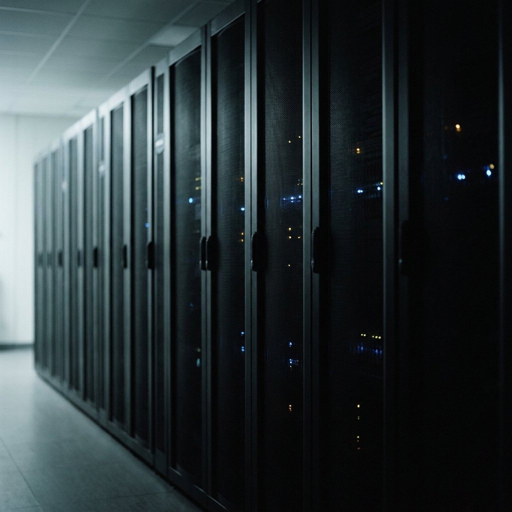 A dark aisle of server racks in a data centre receding into shadow