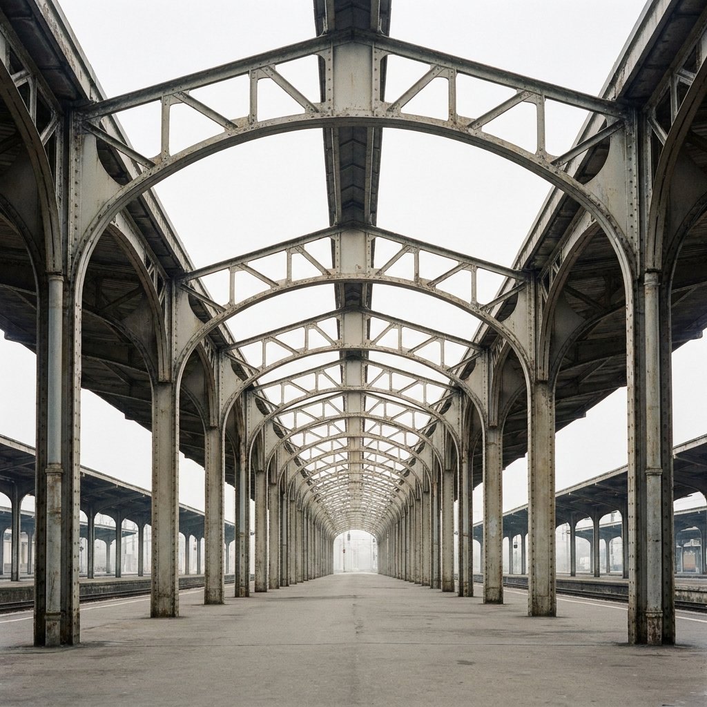 The platform canopy of a large railway station, repeating structural bays receding into depth