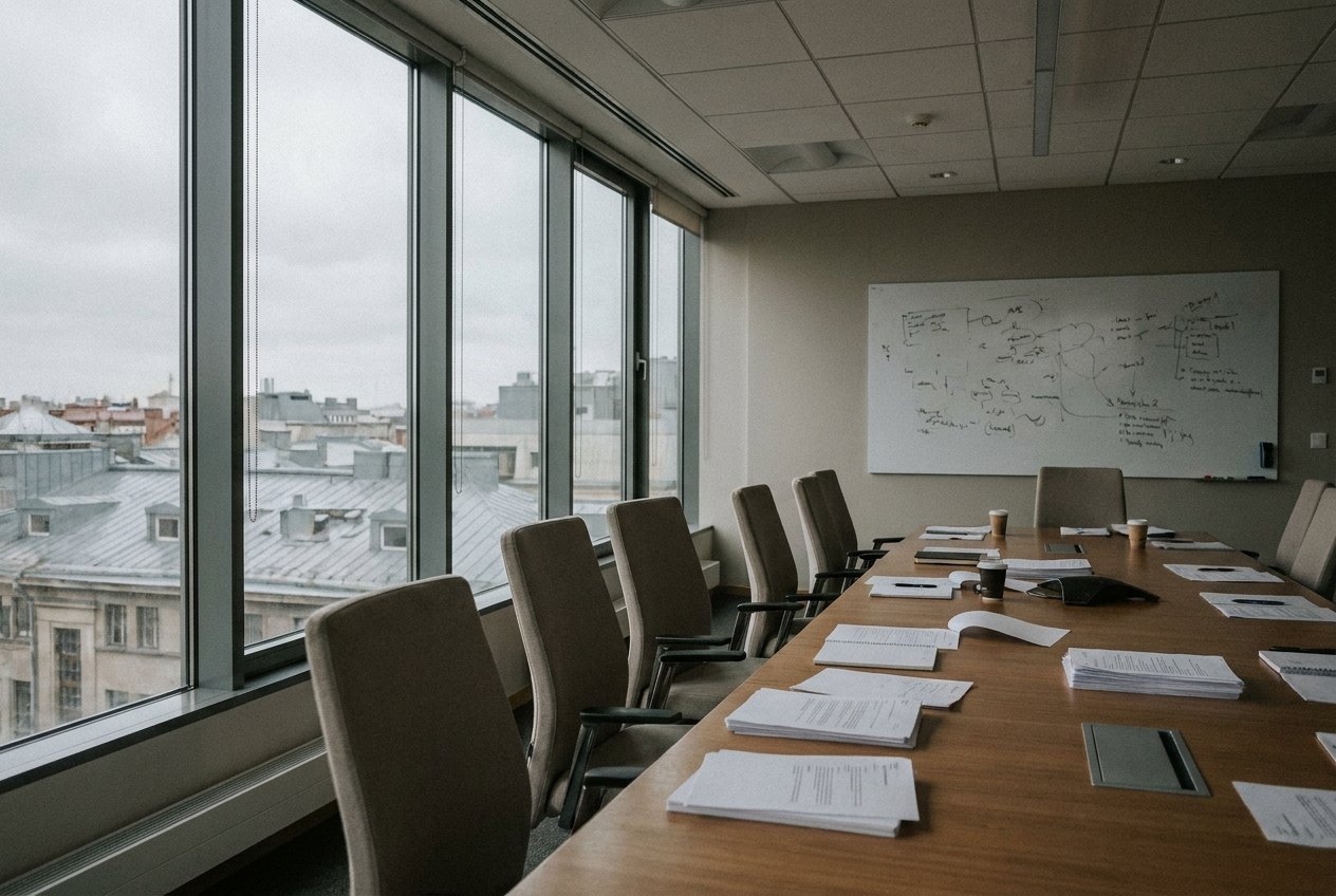 An empty meeting room on an upper floor of a city office, chairs out of alignment and notes left on the whiteboard, overcast rooftops beyond the windows