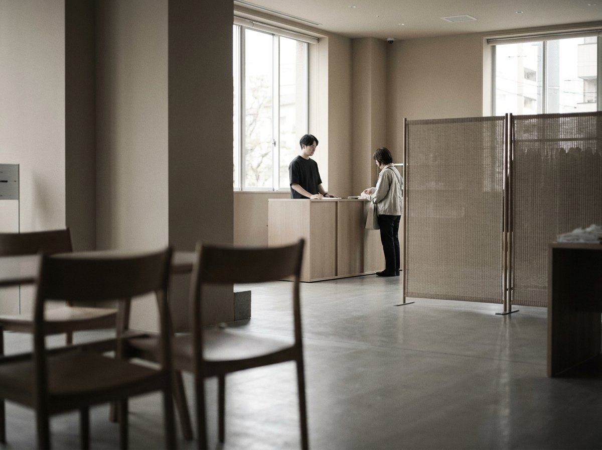 A staff member serving a customer at the counter of a quiet, pale modern branch interior