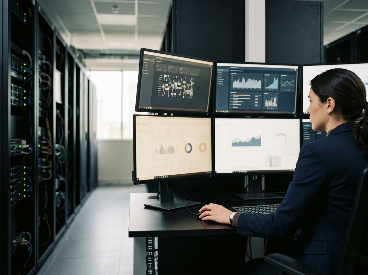 An analyst at a bank of monitors showing dashboards, beside an aisle of server racks