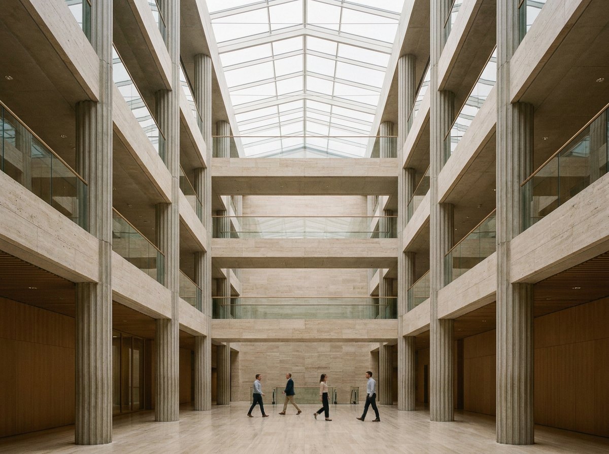 The stacked stone floors and columns of a corporate atrium under a glazed roof, with a few figures crossing below