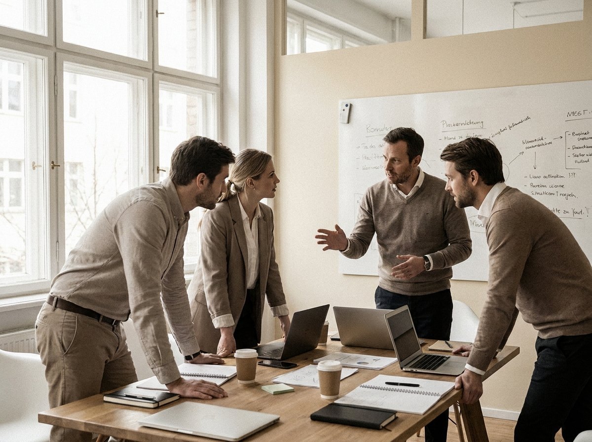 Four colleagues standing around a table mid-discussion, notes on the whiteboard behind them