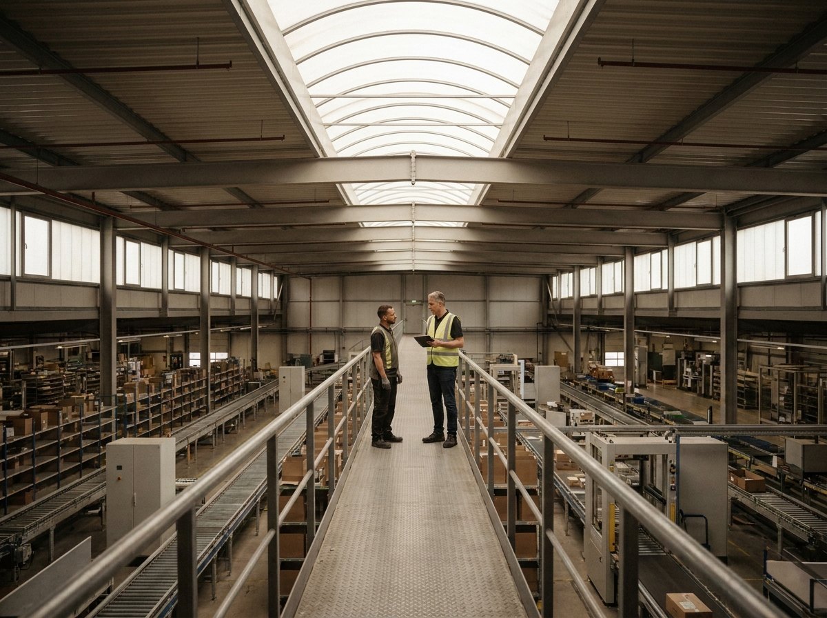 Two supervisors talking on a walkway above the racking and conveyor lines of a distribution floor