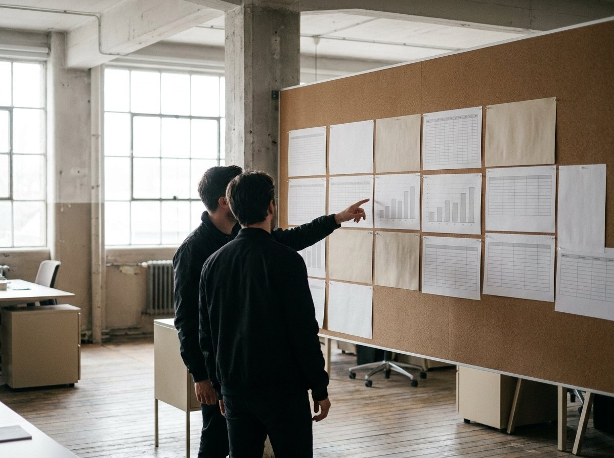 Two colleagues standing at a programme wall of pinned plans and timelines in a daylit office